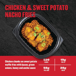 Chicken and sweet potato nacho fries in a black container with nutritional information on a dark background