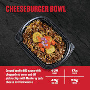 Cheeseburger bowl with ingredients and nutritional information on a dark background