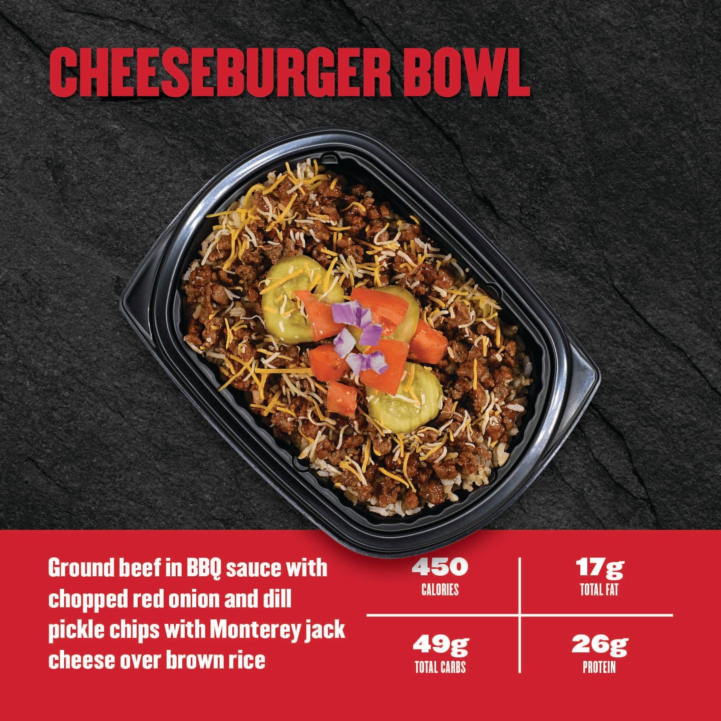 Cheeseburger bowl with ingredients and nutritional information on a dark background