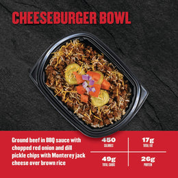 Cheeseburger bowl with ingredients and nutritional information on a dark background