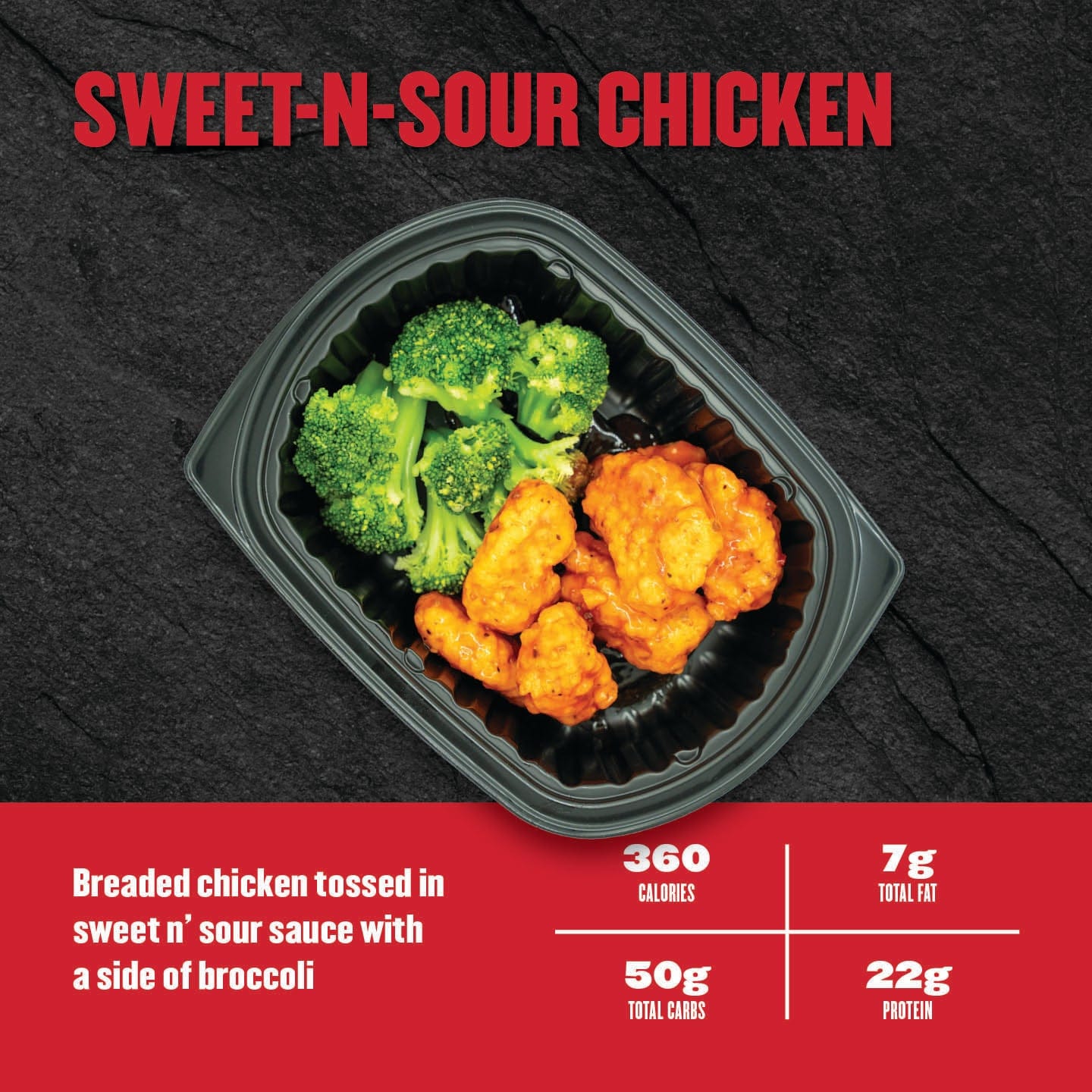 Sweet-n-sour chicken with broccoli in a container on a dark background