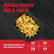 Container of buffalo chicken mac & cheese with nutritional information on a dark background