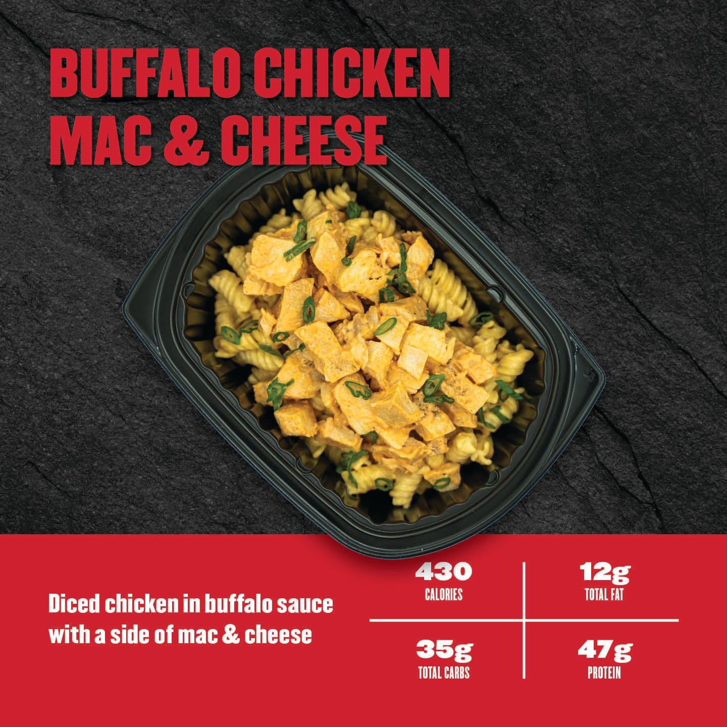 Container of buffalo chicken mac & cheese with nutritional information on a dark background