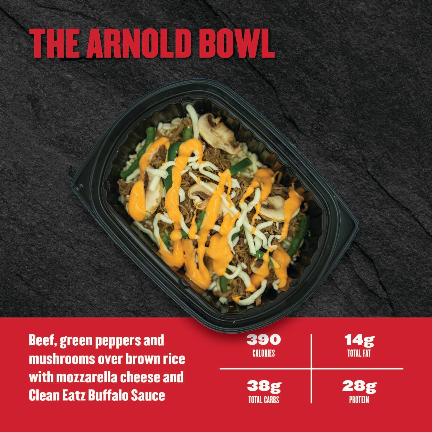 The Arnold Bowl with ingredients and nutritional information on a dark background