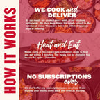 How Hall of Fame Meal Plan delivery works: cooked and frozen, heat and eat in 3 minutes, no subscription