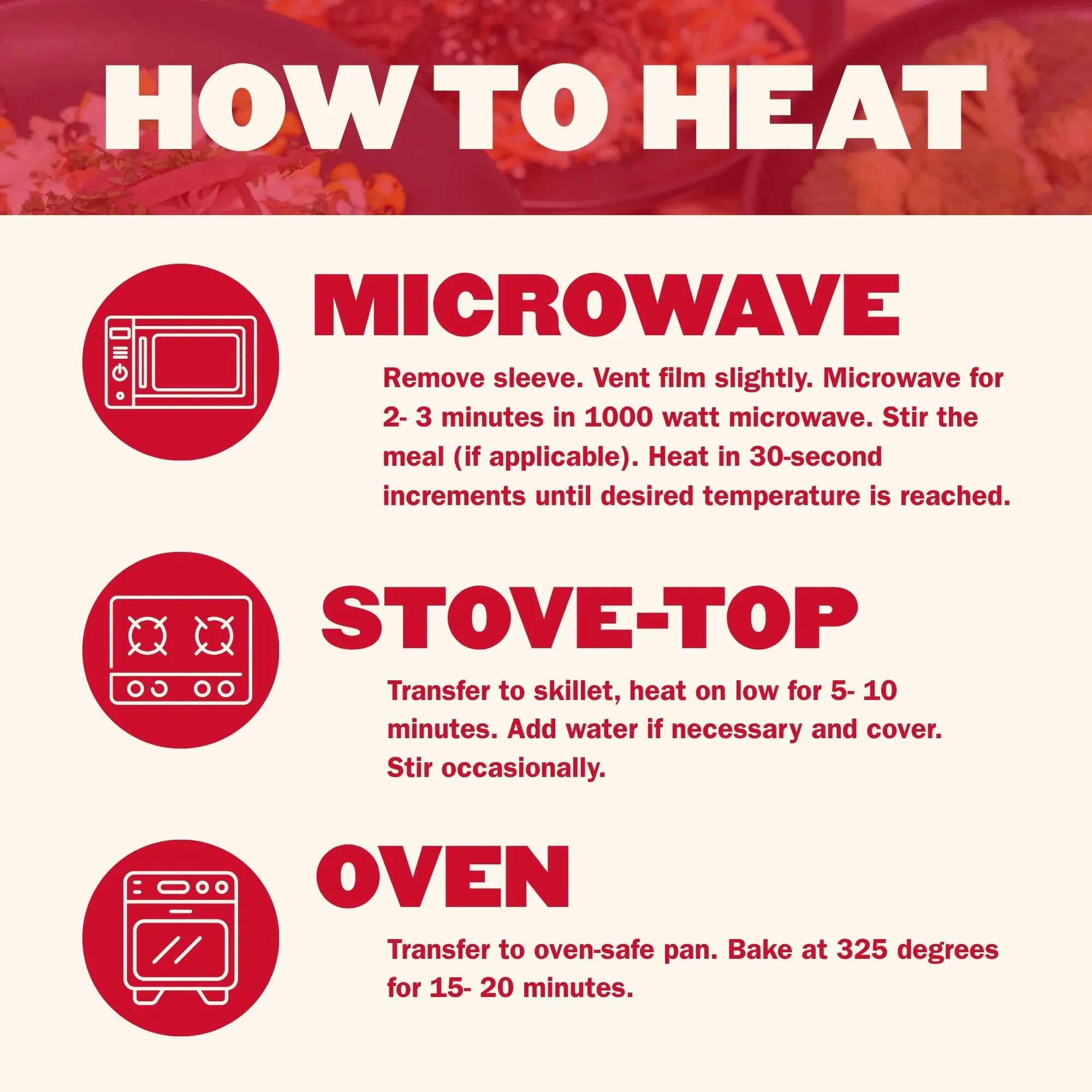 How to heat Hall of Fame Meal Plan meals by microwave, stovetop, or oven for quick heat-and-eat meals