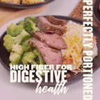 High fiber meal with sliced beef, steamed broccoli, and loaded potato, portioned for digestive health