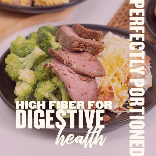 High fiber meal with sliced beef, steamed broccoli, and loaded potato, portioned for digestive health