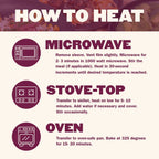 How to heat high fiber meal plan entrees by microwave, stovetop, or oven for quick heat-and-eat meals