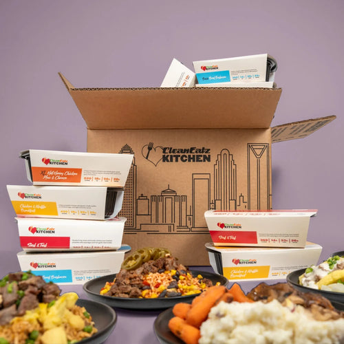 High fiber meal plan delivery box with a variety of chef-prepared frozen entrees ready to heat
