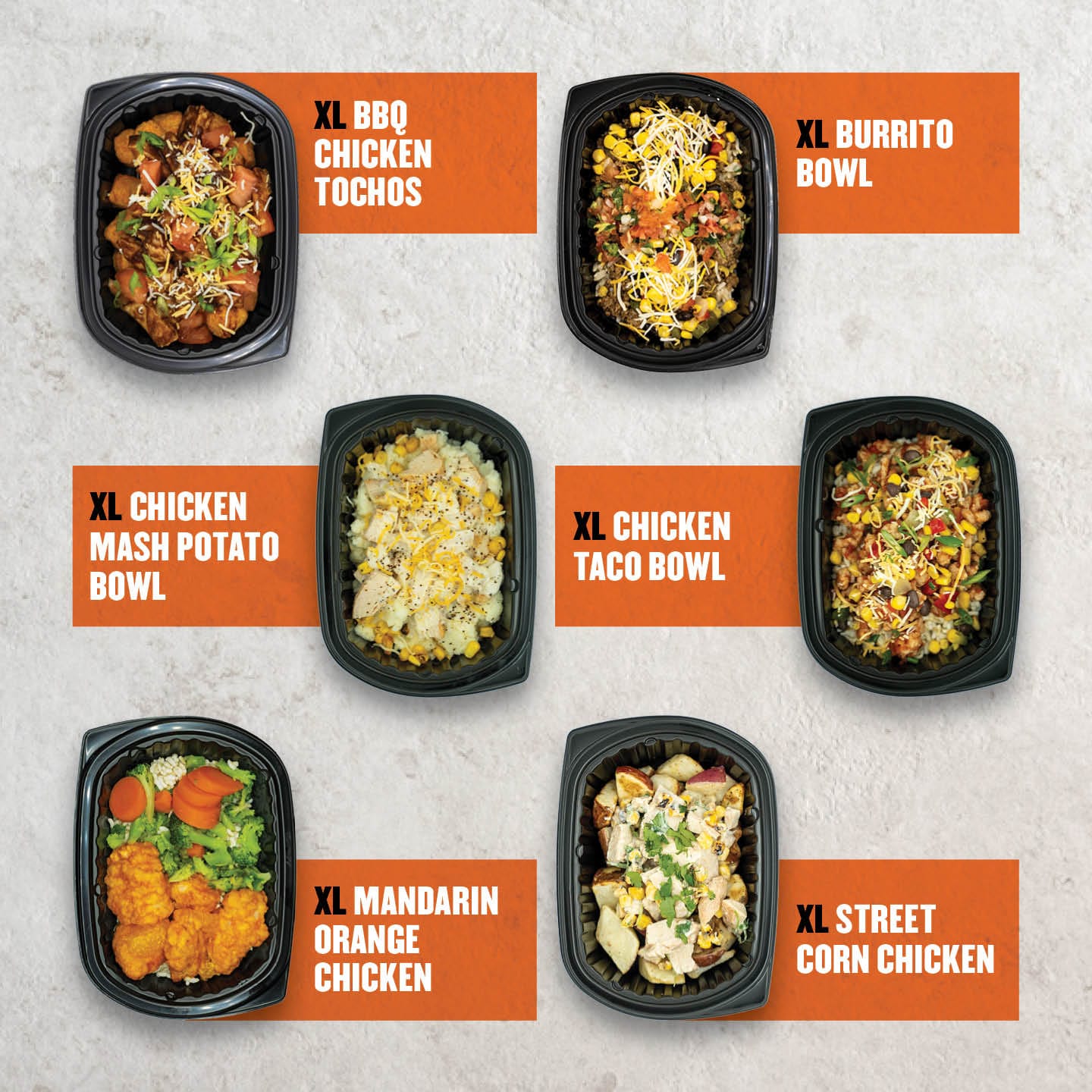 Clean Eatz Kitchen XL meal collection showcasing six hearty meals: XL BBQ Chicken Tochos, XL Burrito Bowl, XL Chicken Mash Potato Bowl, XL Chicken Taco Bowl, XL Mandarin Orange Chicken, and XL Street Corn Chicken. High-protein and nutrient-dense meal options for meal prep, fitness goals, and clean eating. Clean Eatz Kitchen XL meals for ultimate flavor and satisfaction.