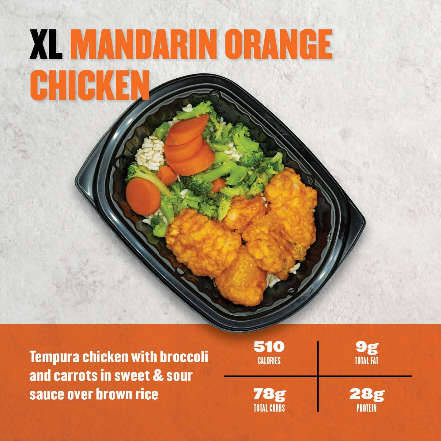 XL Mandarin Orange Chicken from Clean Eatz Kitchen, offering crispy tempura chicken with broccoli and carrots in a tangy sweet and sour sauce over brown rice. Flavorful and high-protein mandarin orange chicken meal with 510 calories, 9g total fat, 78g total carbs, and 28g protein. Ideal for meal prep, clean eating, and protein-rich meal plans. Clean Eatz Kitchen XL meal for health-conscious eaters.