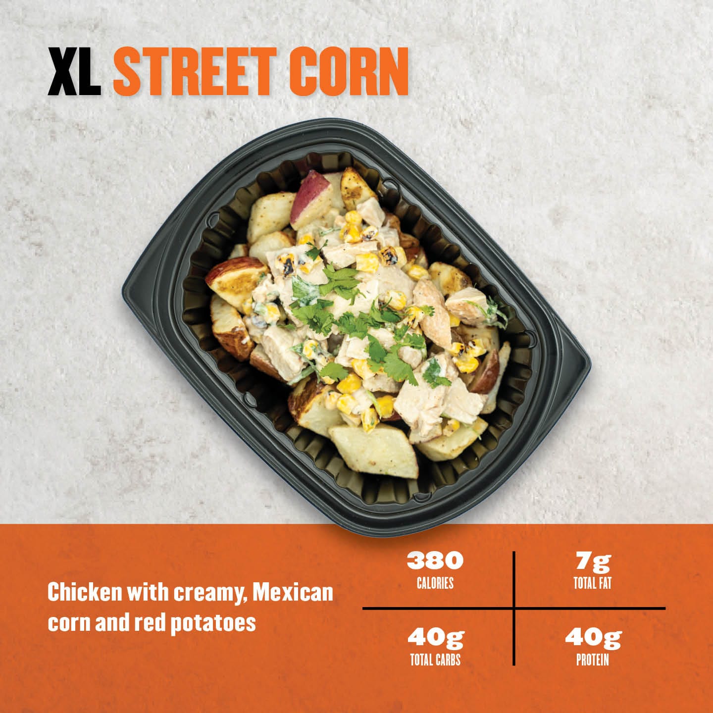 XL Street Corn Chicken from Clean Eatz Kitchen, featuring tender chicken with creamy Mexican street corn and roasted red potatoes. High-protein street corn chicken meal with 380 calories, 7g total fat, 40g total carbs, and 40g protein. Perfect for meal prep, healthy eating, and protein-packed diet options. Clean Eatz Kitchen XL meals for fitness and clean eating.