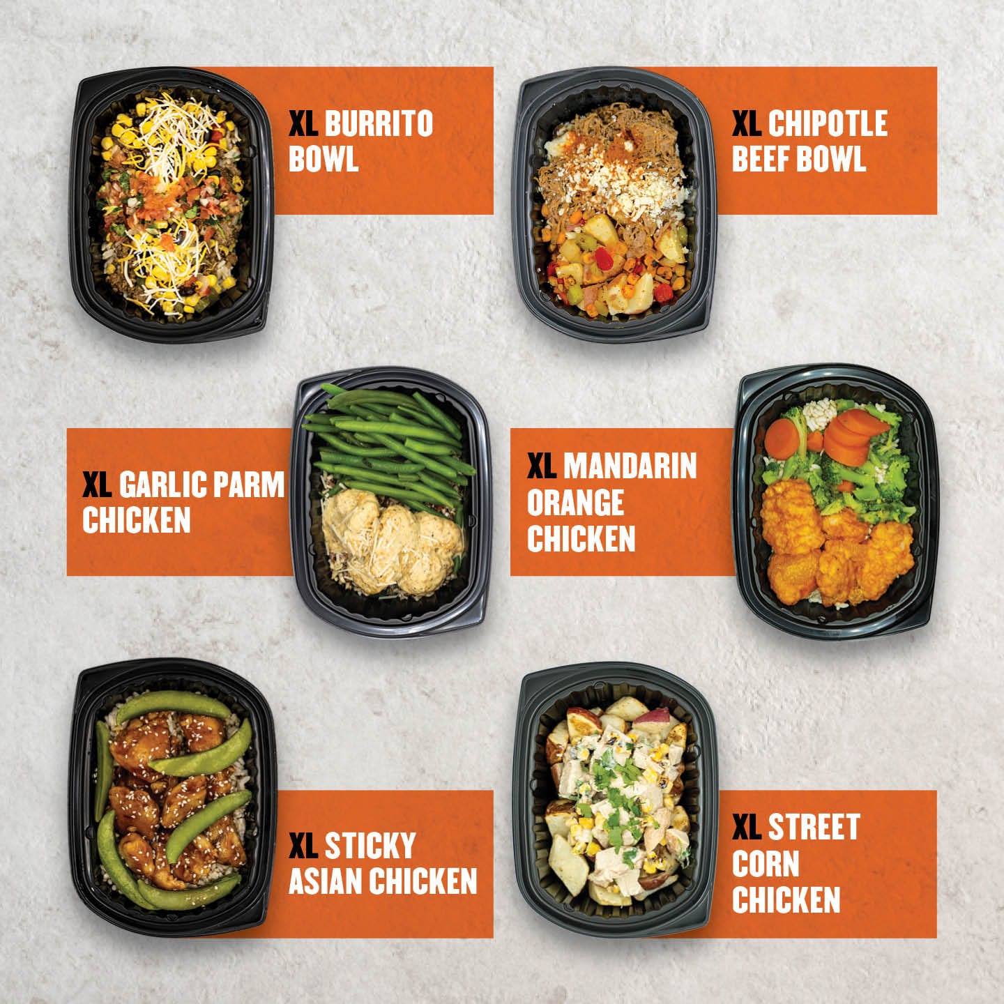 Clean Eatz XL extra protein meals including Burrito Bowl, Chipotle Beef Bowl, Garlic Parm Chicken, Mandarin Orange Chicken, Sticky Asian Chicken, and Street Corn Chicken—high-protein, macro-balanced ready-to-eat meals.