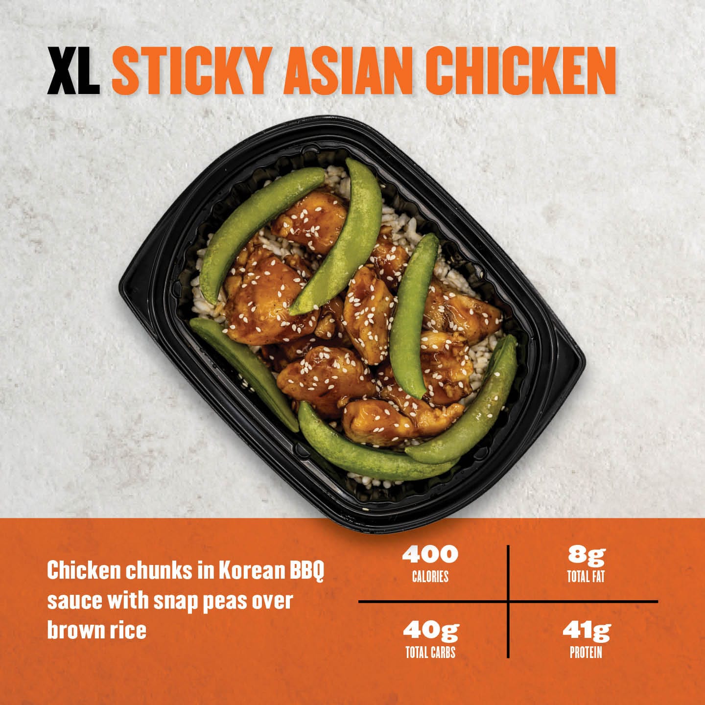 XL Sticky Asian Chicken meal from Clean Eatz with Korean BBQ chicken, snap peas, sesame seeds, and brown rice—400 calories and 41g protein