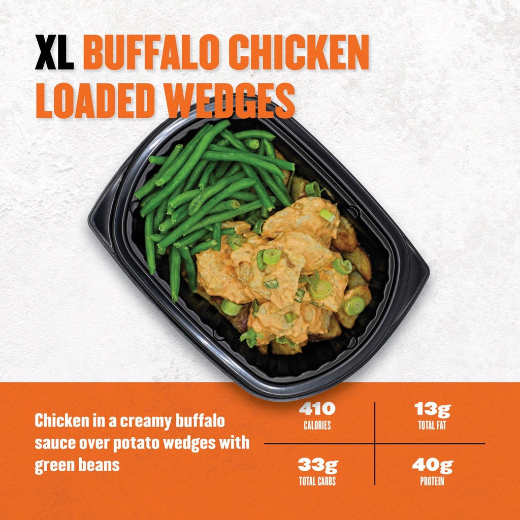 Clean Eatz XL Buffalo Chicken Loaded Wedges with creamy buffalo chicken served over roasted potato wedges and green beans—protein-packed with 40g and 410 calories.