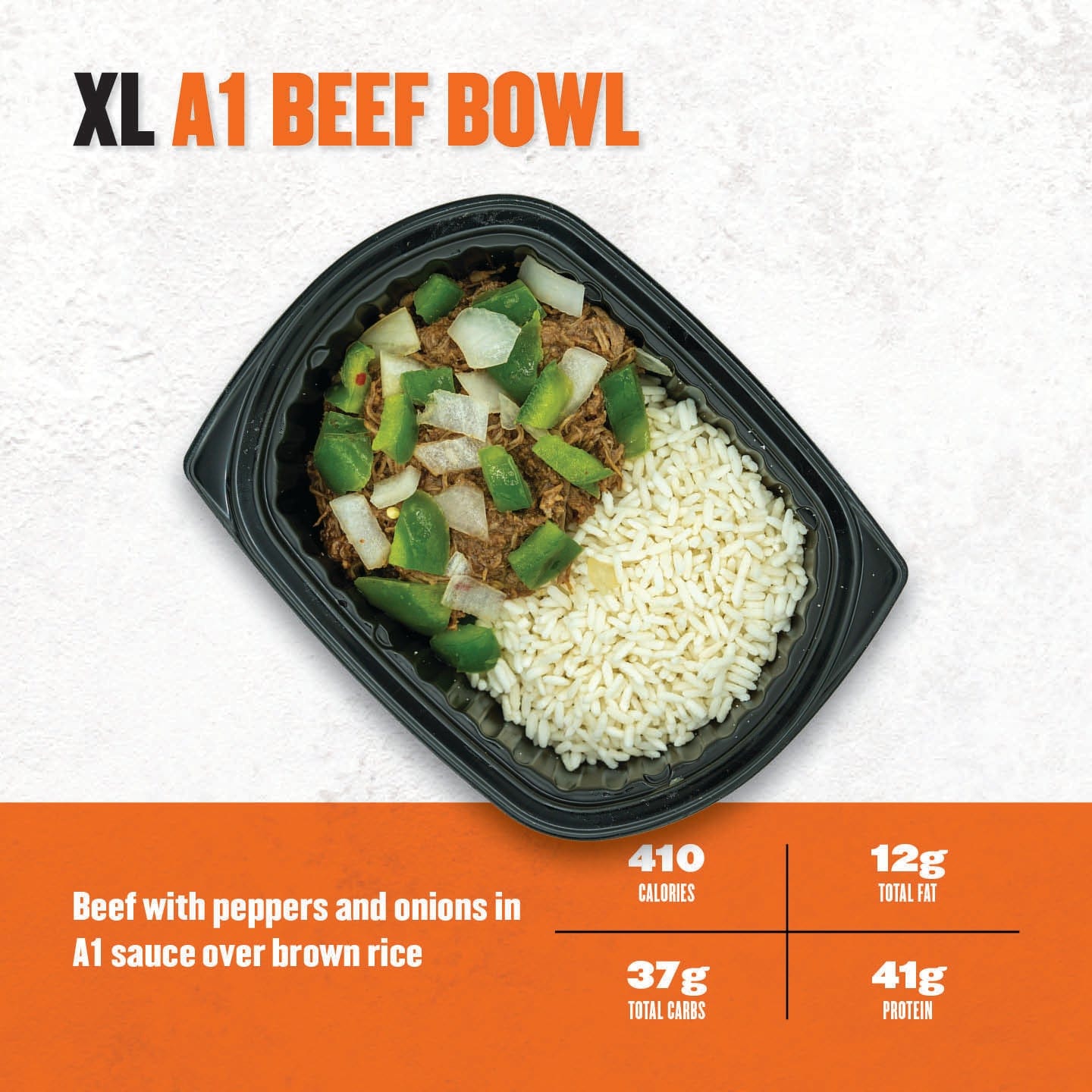 XL A1 Beef Bowl – shredded beef topped with green peppers and onions in A1 sauce, served with brown rice in a black microwaveable tray.

