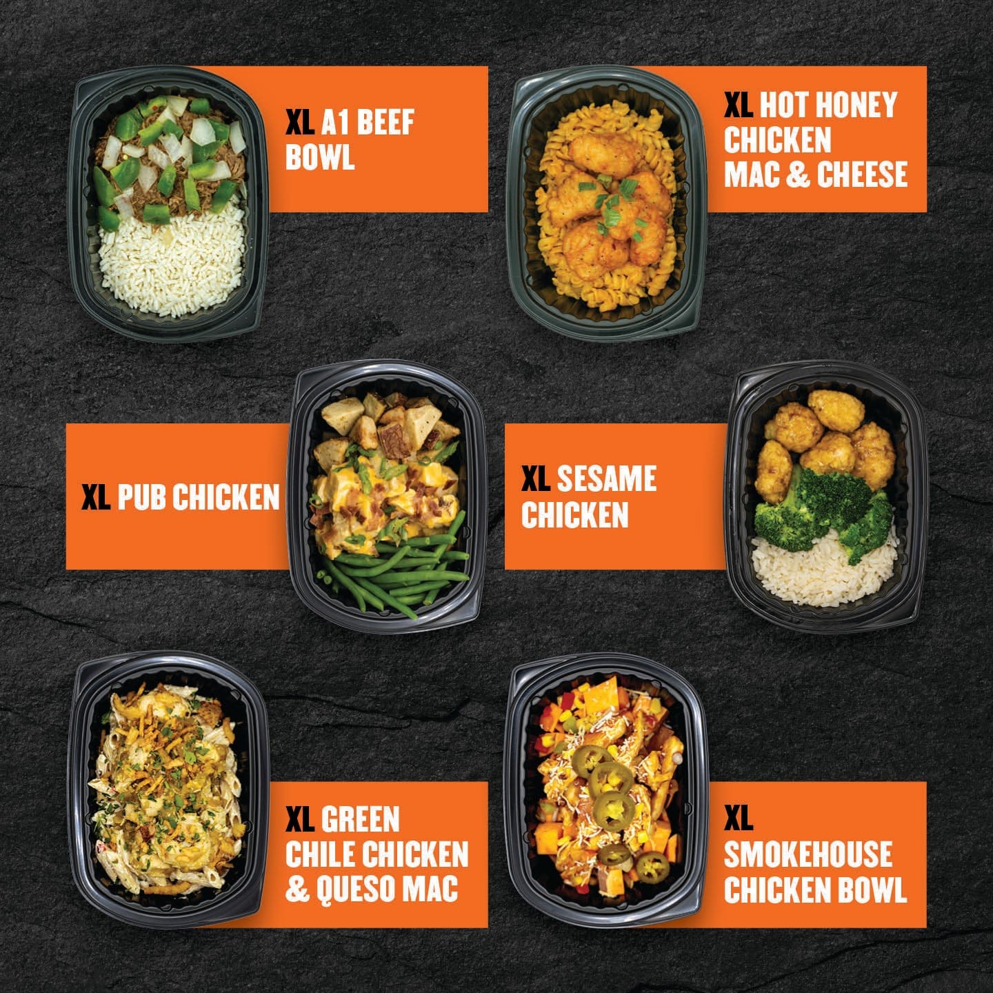 Extra-large Clean Eatz Kitchen meals for hearty appetites, featuring XL A1 Beef Bowl, XL Hot Honey Chicken Mac & Cheese, XL Pub Chicken, XL Sesame Chicken, XL Green Chile Chicken & Queso Mac, and XL Smokehouse Chicken Bowl—protein-packed frozen dinners designed for meal prep or high-volume nutrition.