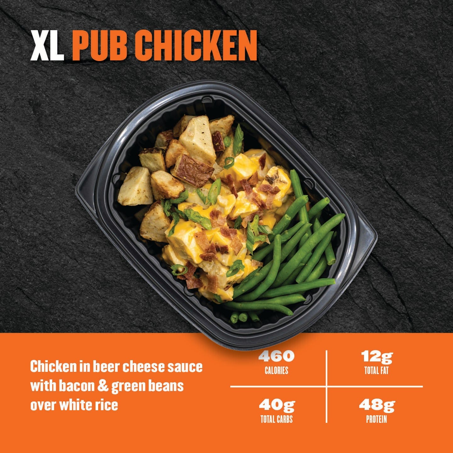 Pub Chicken – roasted chicken in beer cheese sauce with crispy potatoes, bacon, and green beans over white rice in a black meal prep tray from Clean Eatz Kitchen