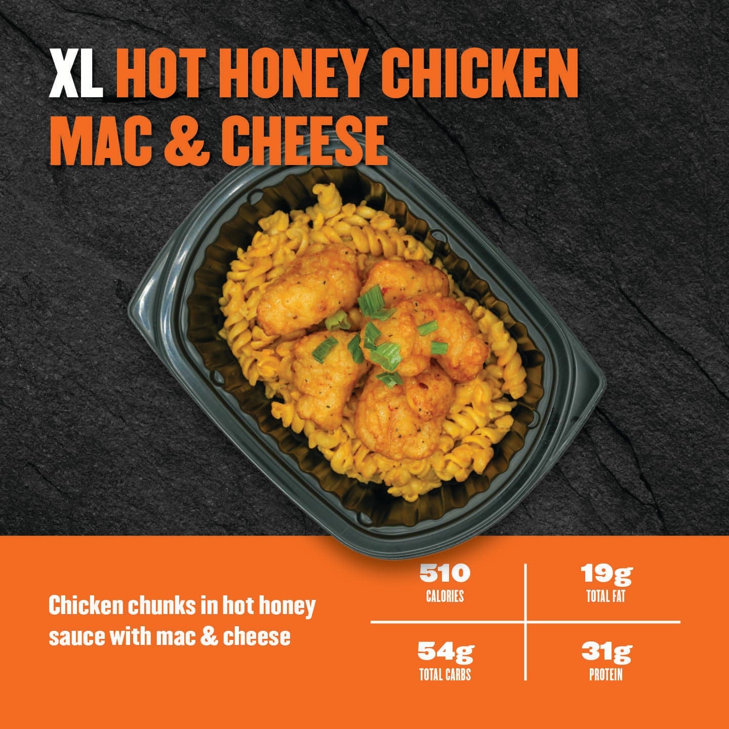 Clean Eatz Kitchen Hot Honey Chicken Mac & Cheese with crispy chicken chunks tossed in hot honey sauce over creamy mac & cheese. Sweet, spicy, and satisfying