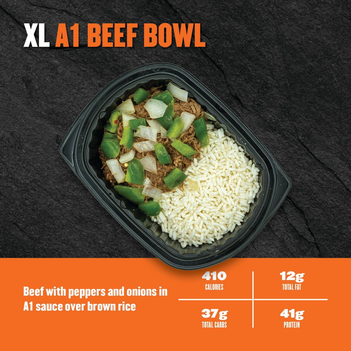 A1 Beef Bowl – shredded beef sautéed with green peppers and onions, served over brown rice in a black meal prep container from Clean Eatz Kitchen.