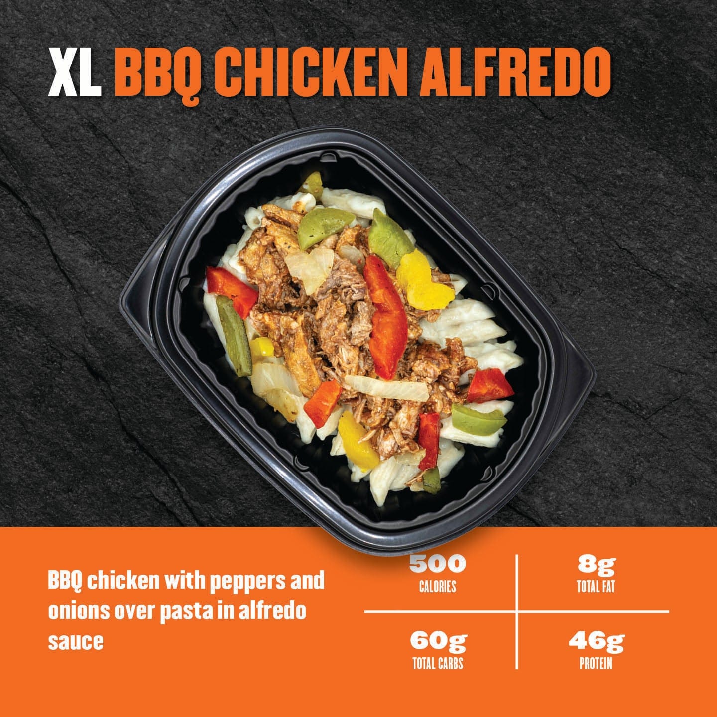 Clean Eatz Kitchen XL BBQ Chicken Alfredo bowl—BBQ chicken with peppers and onions over pasta in Alfredo sauce