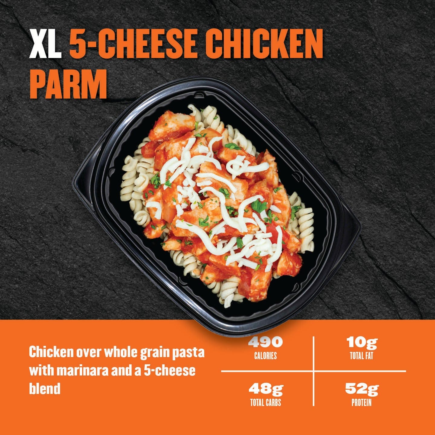 Clean Eatz Kitchen XL 5-Cheese Chicken Parm bowl—chicken in marinara over whole-grain pasta, high-protein