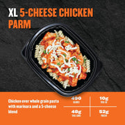 Clean Eatz Kitchen XL 5-Cheese Chicken Parm bowl—chicken in marinara over whole-grain pasta, high-protein