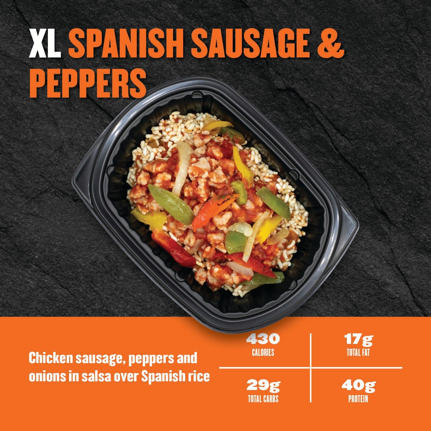 Clean Eatz Kitchen XL Spanish Sausage & Peppers bowl with chicken sausage, peppers, onions and Spanish rice