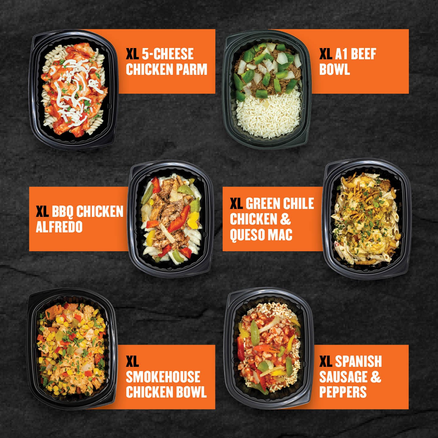 Assortment of six Clean Eatz Kitchen XL high-protein bowls, including Chicken Parm and A1 Beef