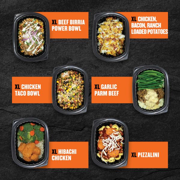 Six Clean Eatz Kitchen XL Entrées — Beef Birria Power Bowl, Chicken Bacon Ranch Loaded Potatoes, Chicken Taco Bowl, Garlic Parm Beef, Hibachi Chicken, and Pizzalini
