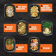 Six Clean Eatz Kitchen XL Entrées — Beef Birria Power Bowl, Chicken Bacon Ranch Loaded Potatoes, Chicken Taco Bowl, Garlic Parm Beef, Hibachi Chicken, and Pizzalini