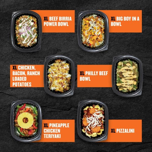 Clean Eatz Kitchen XL bowls — XL Beef Birria Power Bowl, XL Big Boy in a Bowl, XL Chicken, Bacon, Ranch Loaded Potatoes, XL Philly Beef Bowl, XL Pineapple Chicken Teriyaki, and XL Pizzalini