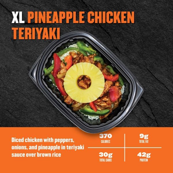 XL Pineapple Chicken Teriyaki — Clean Eatz Kitchen diced chicken with peppers, onions, and pineapple in teriyaki sauce over brown rice; 370 calories, 9g fat, 30g carbs, 42g protein.