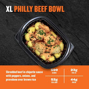 XL Philly Beef Bowl — Clean Eatz Kitchen shredded beef in chipotle sauce with peppers, onions, and provolone cheese over brown rice; 590 calories, 23g fat, 52g carbs, 44g protein.