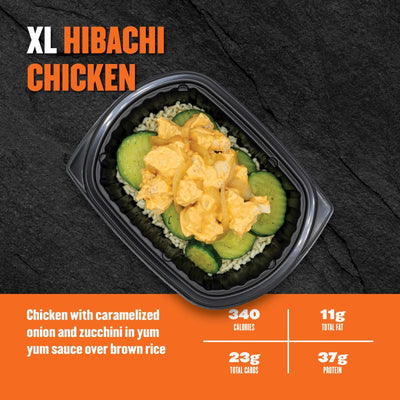 XL Hibachi Chicken — chicken with caramelized onion and zucchini in yum-yum sauce over brown rice; 340 calories, 11g fat, 23g carbs, 37g protein.