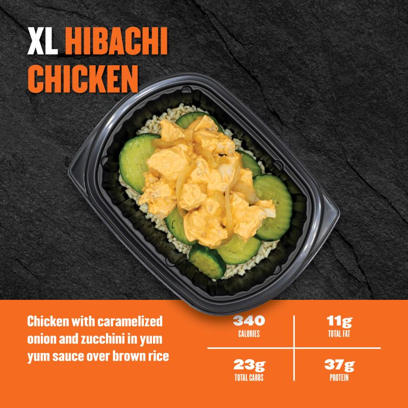 XL Hibachi Chicken — chicken with caramelized onion and zucchini in yum-yum sauce over brown rice; 340 calories, 11g fat, 23g carbs, 37g protein.