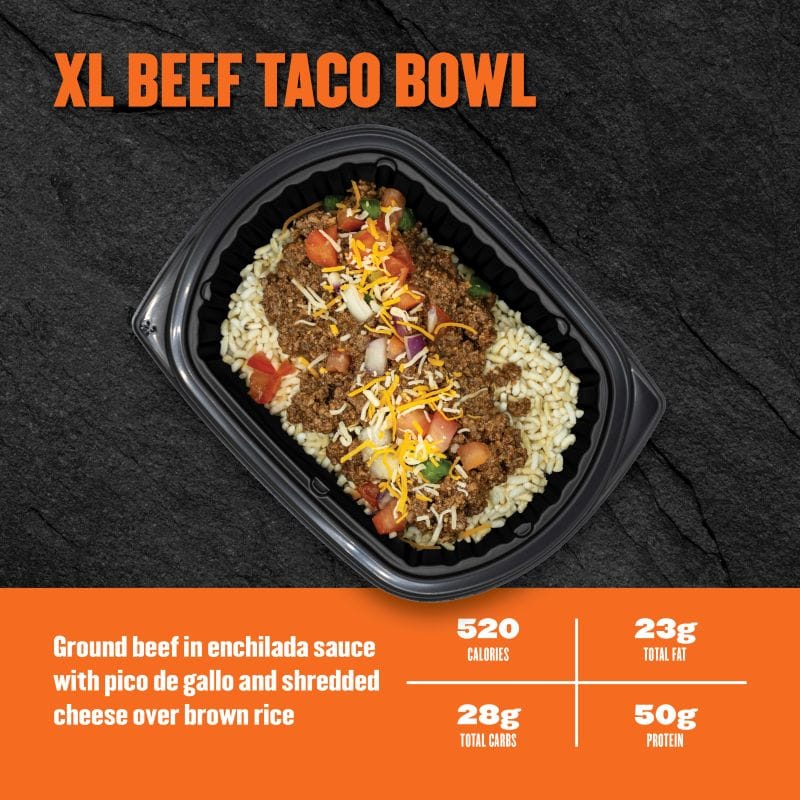 Ground beef in enchilada sauce with pico de gallo and shredded cheese over brown rice; 520 calories, 23g fat, 28g carbs, 50g protein.