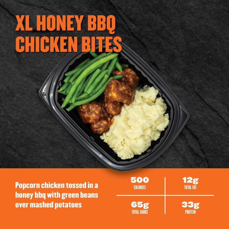 Popcorn chicken tossed in honey BBQ with green beans over mashed potatoes; 500 calories, 12g fat, 65g carbs, 33g protein.