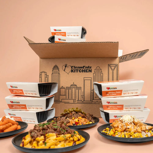High protein meal plan box packed with macro-rich chicken, beef, and vegetable entrees
