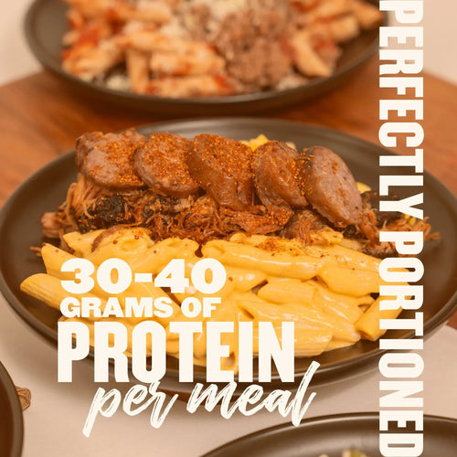 High protein meal with pulled pork, sausage, and mac and cheese, 30 to 40 grams of protein per meal