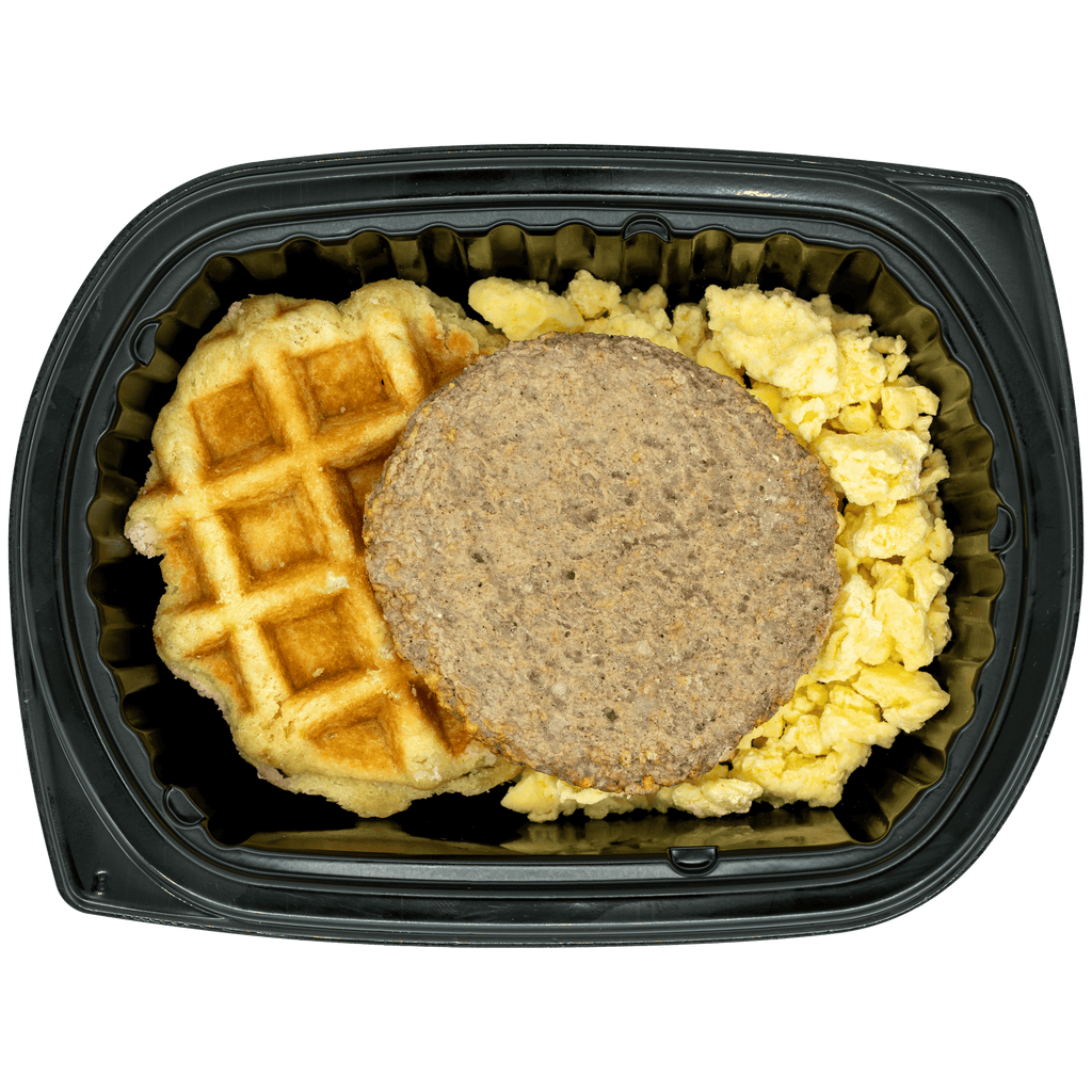 Maple waffle breakfast with syrup-drizzled waffle and sausage