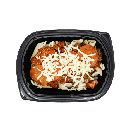 Pizza pasta with pepperoni, cheese, and tangy marinara sauce