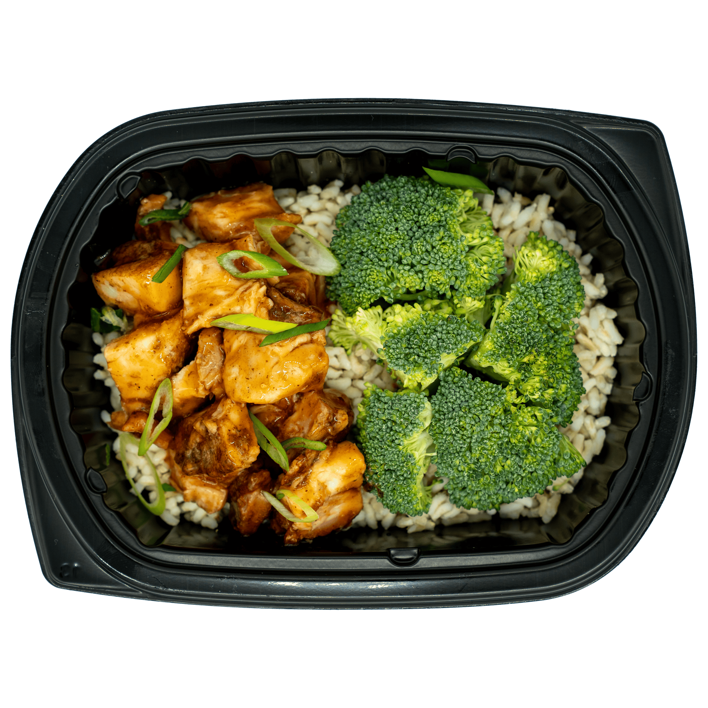 Prepared meal with tofu and vegetables in a black container on a white background