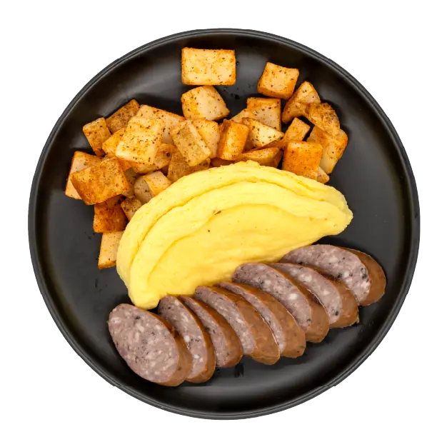 Sliced sausage with folded eggs and seasoned breakfast potatoes on a black plate.