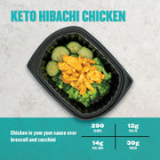 Keto Hibachi Chicken: Juicy chicken in yum yum sauce, served with fresh broccoli and zucchini slices. 290 calories, 12g total fat, 14g total carbs, 30g protein.

