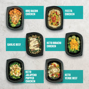 Summer Shred Box (Group Image): A collection of six meal prep dishes from Clean Eatz Kitchen, featuring a variety of high-protein, low-carb, and keto-friendly meals. Meals include BBQ Bacon Chicken, Fiesta Chicken, Garlic Beef, Keto Hibachi Chicken, Keto Jalapeno Popper Chicken, and Keto Verde Beef.

