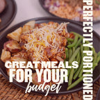 Affordable Value Meal Plan plate with BBQ chicken, roasted potatoes, cheese, and green beans, perfectly portioned