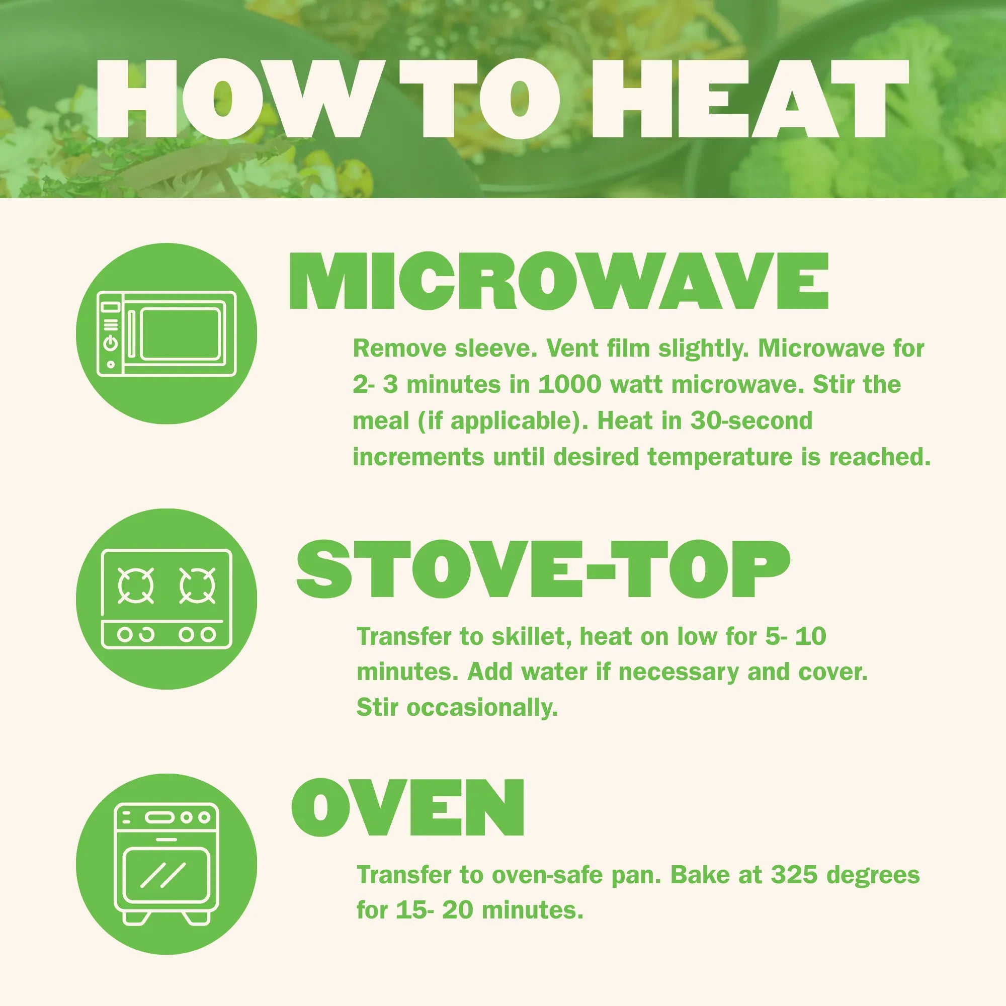 How to heat Weight Loss Meal Plan meals by microwave, stovetop, or oven for quick heat-and-eat meals