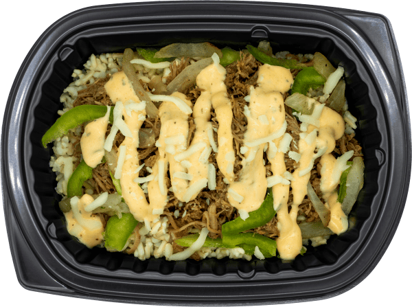 Shredded beef with peppers, onions, mozzarella, and creamy sauce over brown rice in a black meal tray.